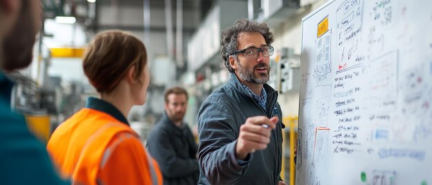 Photo quotfactory worker explaining process on whiteboardquot