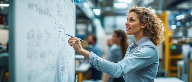 Photo quotfactory worker explaining process on whiteboardquot