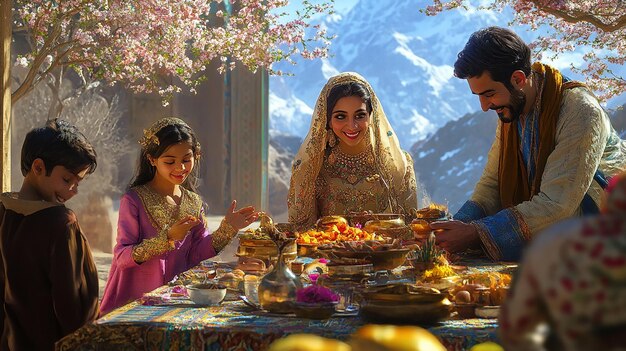 Photo quotfamily gathering around haftseen table at persian nowruz festivalquot