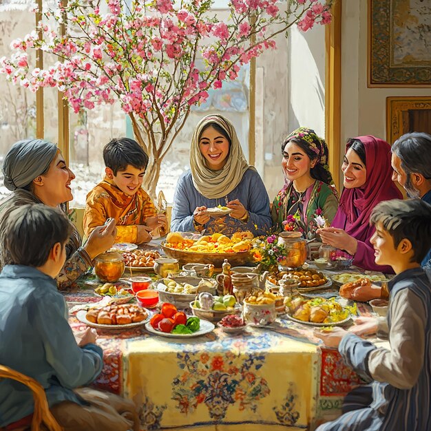 Photo quotfamily gathering around haftseen table at persian nowruz festivalquot