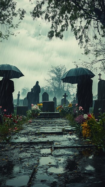 Photo quotfamily gathering on a rainy day at cemeteryquot