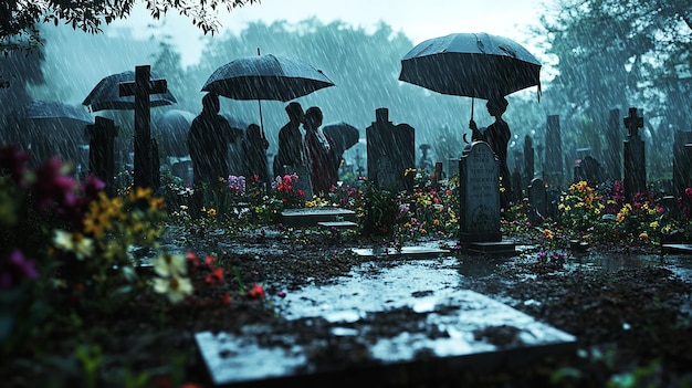 Photo quotfamily gathering on a rainy day at cemeteryquot