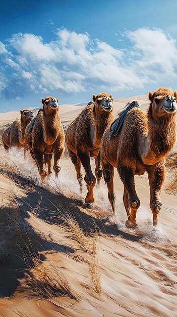 Photo quotfamily of wild bactrian camels traversing harsh desert terrainquot