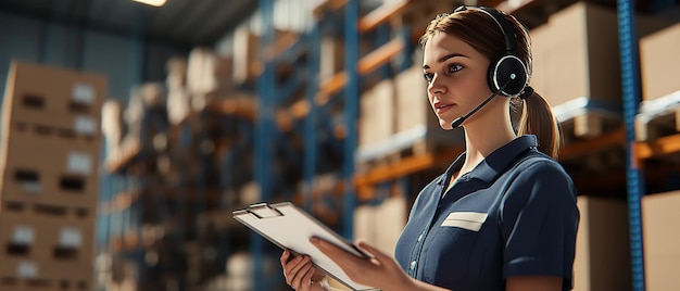 quotFemale Warehouse Worker Wearing Headset and Guiding Operationsquot