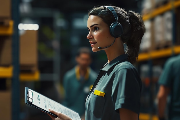 quotFemale Warehouse Worker Wearing Headset and Guiding Operationsquot