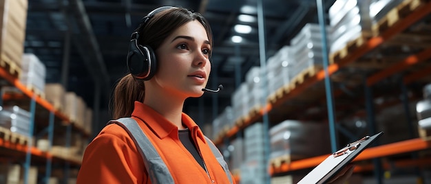 quotFemale Warehouse Worker Wearing Headset and Guiding Operationsquot