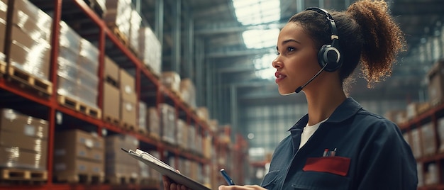 quotFemale Warehouse Worker Wearing Headset and Guiding Operationsquot