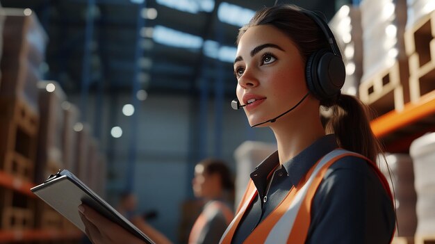 quotFemale Warehouse Worker Wearing Headset and Guiding Operationsquot