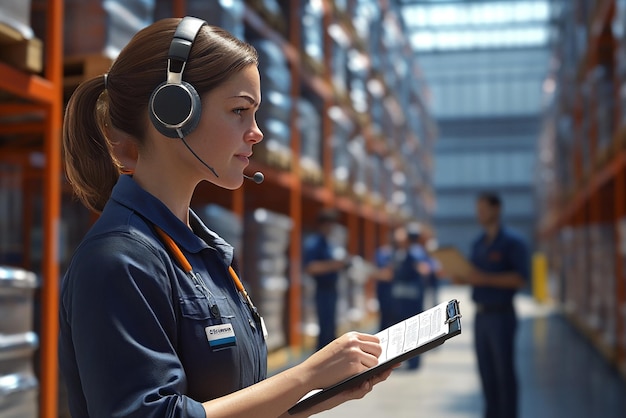 quotFemale Warehouse Worker Wearing Headset and Guiding Operationsquot