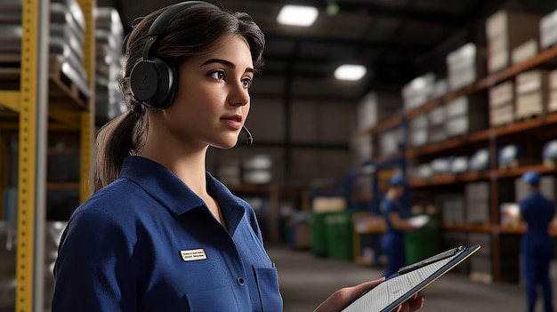 quotFemale Warehouse Worker Wearing Headset and Guiding Operationsquot