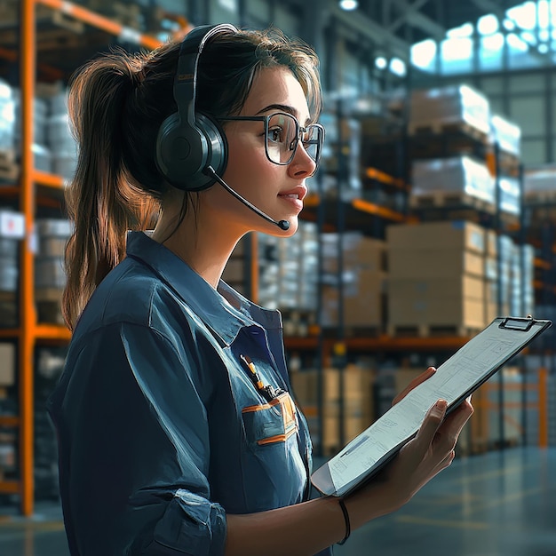 quotFemale Warehouse Worker Wearing Headset and Guiding Operationsquot