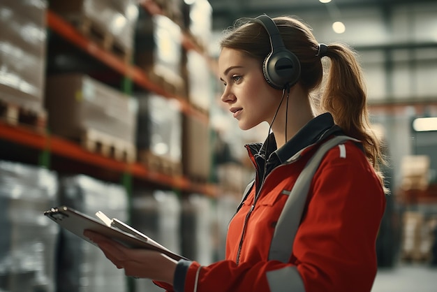 quotFemale Warehouse Worker Wearing Headset and Guiding Operationsquot