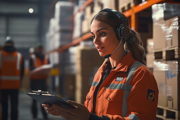 quotFemale Warehouse Worker Wearing Headset and Guiding Operationsquot