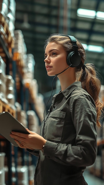 Photo quotfemale warehouse worker wearing headset and guiding operationsquot