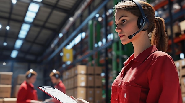 Photo quotfemale warehouse worker wearing headset and guiding operationsquot