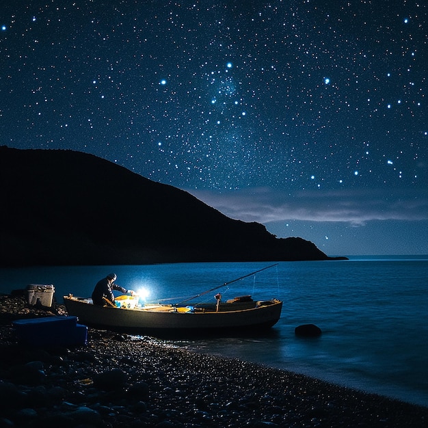 Photo quotfisherman at work under bright night skiesquot