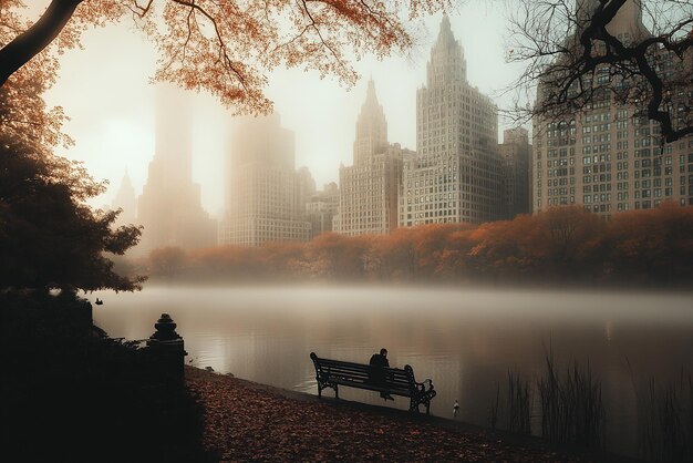 Photo quotfoggy autumn morning in central park with fallen leavesquot