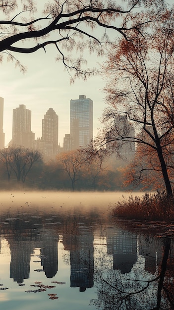 Photo quotfoggy autumn morning in central park with fallen leavesquot