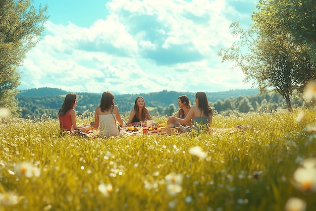 Photo quotfriends having a picnic in a meadow laughing and enjoyingquot