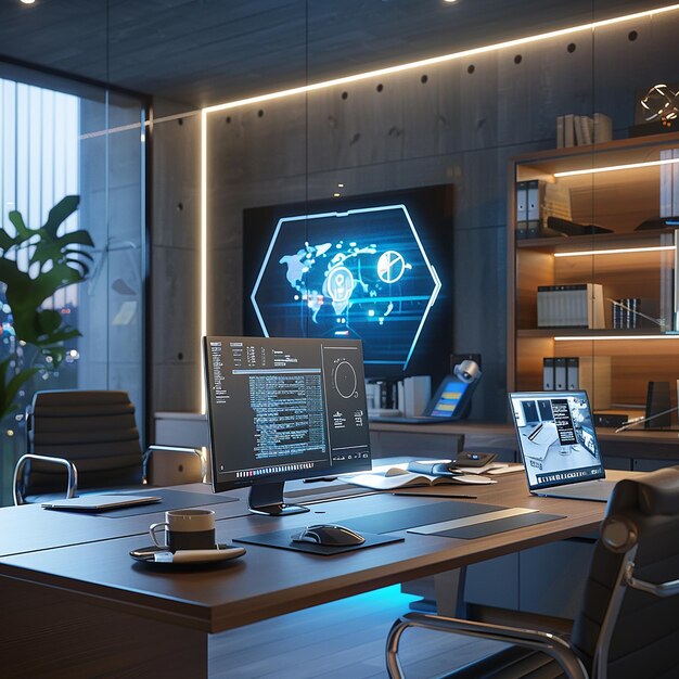 Photo quotfuturistic home office with holographic assistantquot