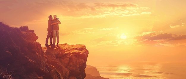 quotGolden Hour Embrace Elderly Couple Standing on a Cliffquot