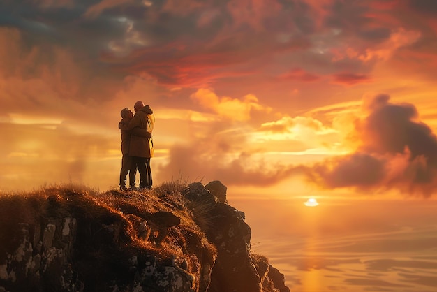 quotGolden Hour Embrace Elderly Couple Standing on a Cliffquot