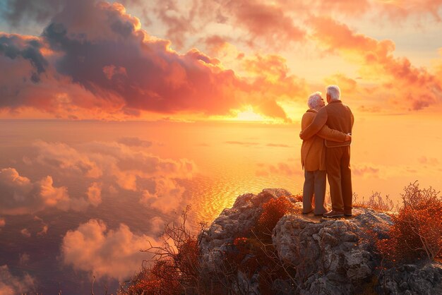 quotGolden Hour Embrace Elderly Couple Standing on a Cliffquot