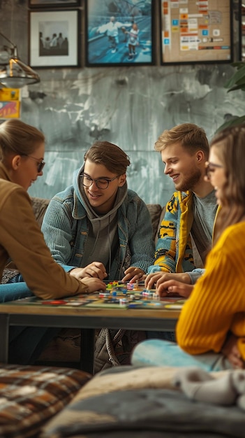 Photo quotgroup of friends enjoying coffee and games around a tablequot