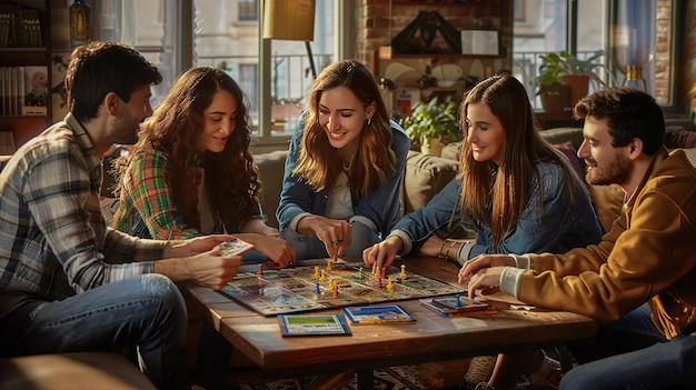 Photo quotgroup of friends enjoying coffee and games around a tablequot