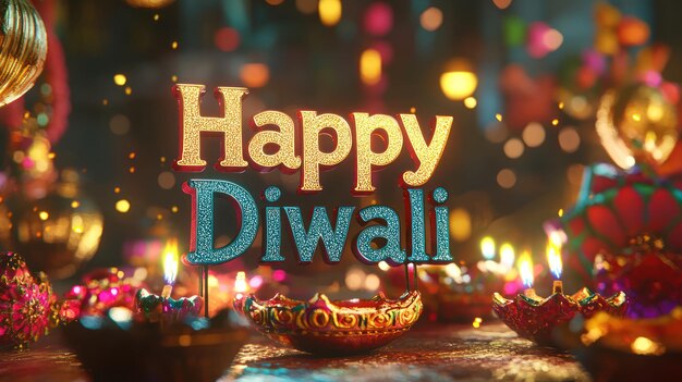 quotHappy Diwaliquot in 3D text with a shimmering effect set against a backdrop of colorful Diwali decorations and festive motifs