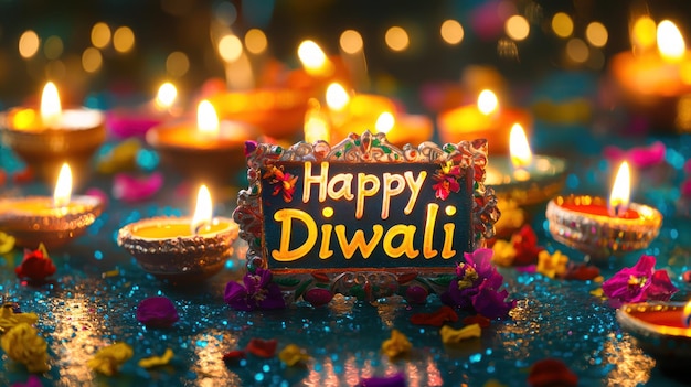 a quotHappy Diwaliquot festival background with elegant text surrounded by colorful lights candles and festive motifs