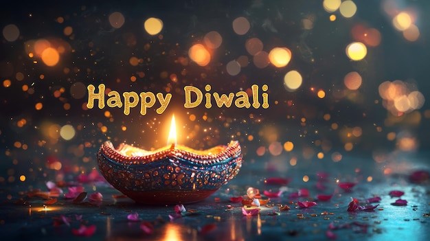 a quotHappy Diwaliquot greeting with a beautifully decorated diya oil lamp casting a warm light in the background