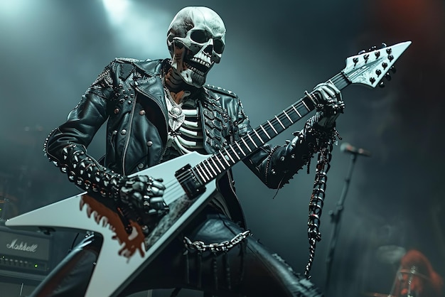 Photo quotheavy metal rock star skeleton playing guitar in midairquot