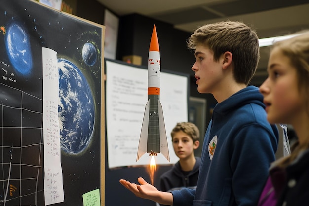 Photo quothigh school student presenting homemade rocket projectquot