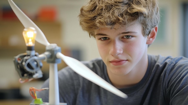 Photo quothigh school student presenting wind turbine model for science projectquot