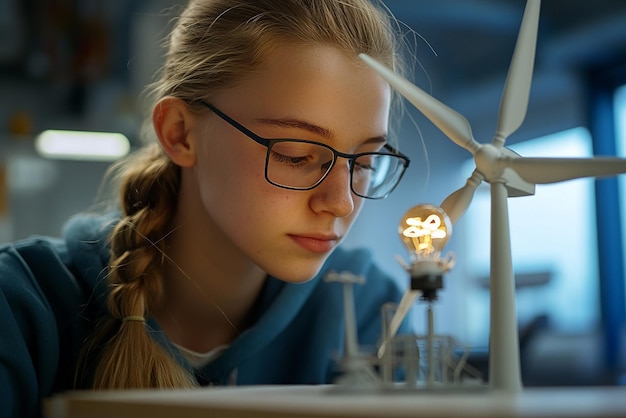 Photo quothigh school student presenting wind turbine model for science projectquot