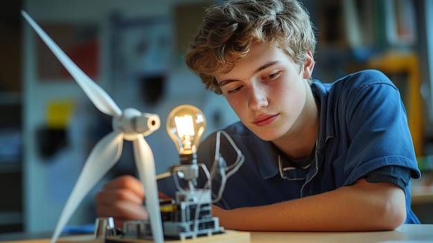 Photo quothigh school student presenting wind turbine model for science projectquot