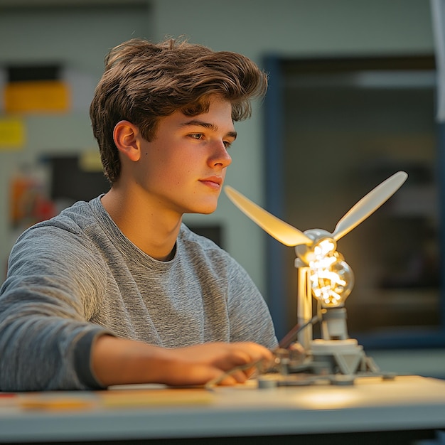 Photo quothigh school student presenting wind turbine model for science projectquot