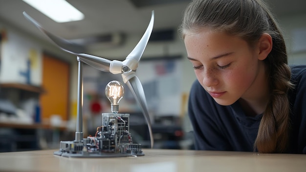 Photo quothigh school student presenting wind turbine model for science projectquot