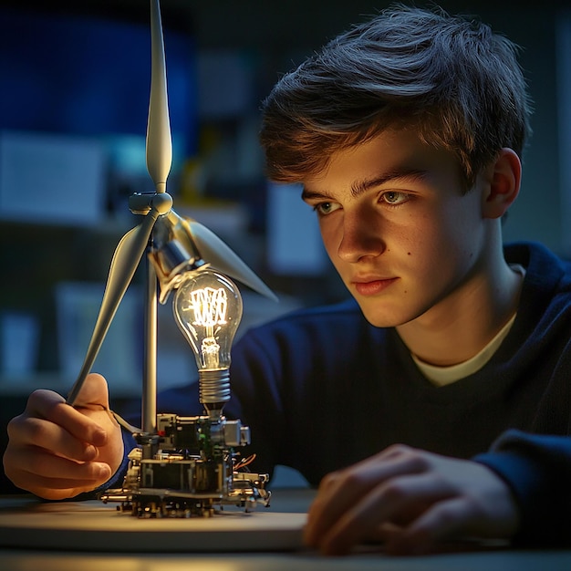 Photo quothigh school student presenting wind turbine model for science projectquot