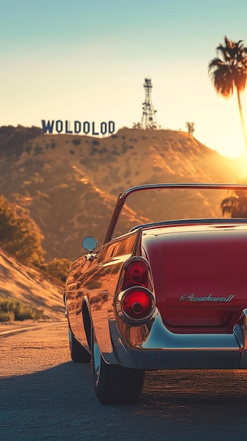 Photo quothollywood sign with classic vintage car in retro scenequot