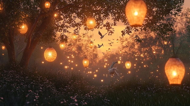 Photo quothundreds of floating lanterns in an enchanted meadowquot