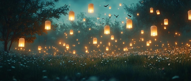 Photo quothundreds of floating lanterns in an enchanted meadowquot