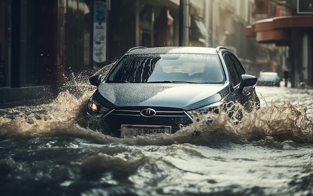 quotJourney Through Adversity Car Tackling Flooded Urban Streetsquot Ai