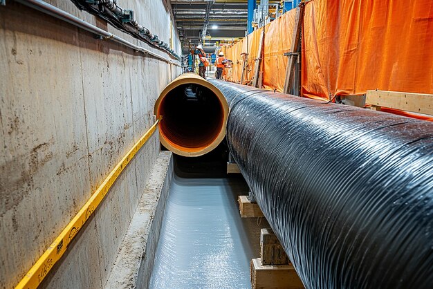 Photo quotlarge pipe undergoing relining with fiber materialquot