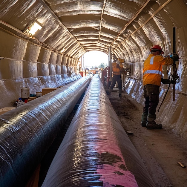 Photo quotlarge pipe undergoing relining with fiber materialquot