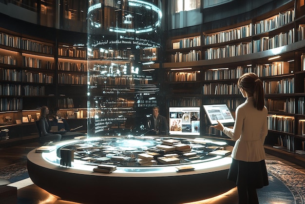 Photo quotlibrary with floating books and holographic screensquot