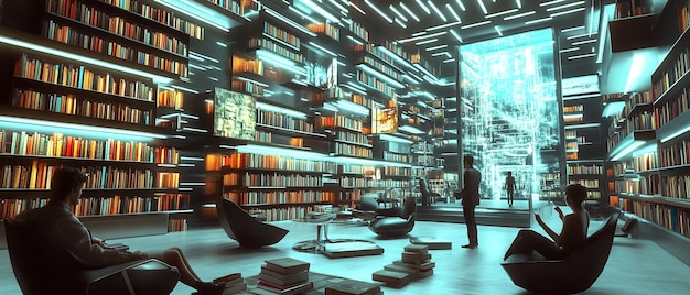 Photo quotlibrary with floating books and holographic screensquot