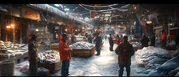 Photo quotlively realistic scene of a fish auction in progressquot