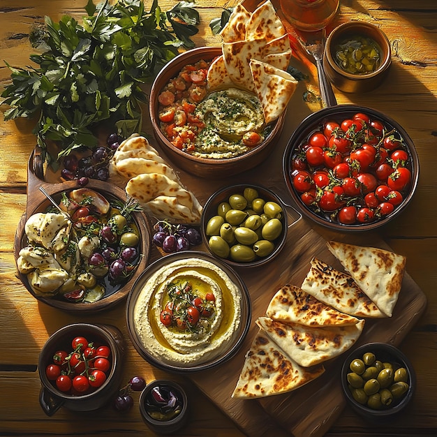 Photo quotmediterranean mezze spread on a rustic wooden tablequot